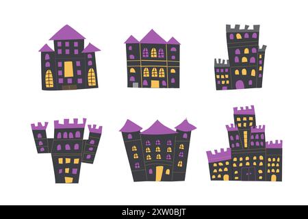Kinder halloweens Castle Set. Märchenmagiebau. Flache Illustrationen, handgezeichneter Stil. Stock Vektor