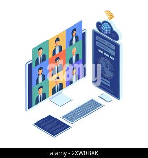 Isometrisches globales Remote-Business-Meeting auf PC-Monitor. Remote Meeting und Online Business Conference Konzept Stock Vektor
