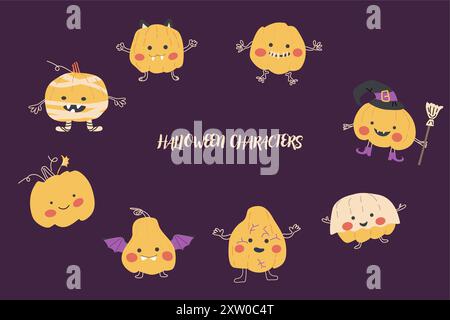 Farbenfrohe Halloween-Pumkins niedliche Figuren Set oder Rahmen. Vektor-Illustrationen für Monster Party. Stock Vektor