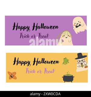 Horizontales Halloween-Banner-Set. Geisterbilder für Kinder im flachen Stil. Happy Halloween Day Vektor Banner. Süße gruselige Charaktere in kindisch Stock Vektor