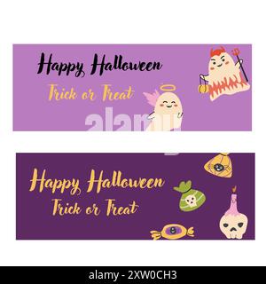 Horizontales Halloween-Banner-Set. Geisterbilder für Kinder im flachen Stil. Happy Halloween Day Vektor Banner. Süße gruselige Charaktere in kindisch Stock Vektor