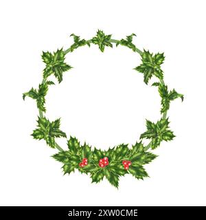 Weihnachtskranz mit roten Beeren und grünen Blättern. Botanische Illustration mit Aquarell isoliert auf weißem Hintergrund. Runde Schablone für dekorativ Stockfoto