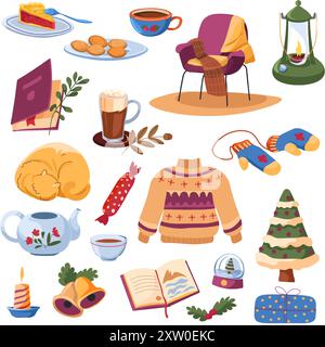 Hygge Winterset mit kuscheligen Artikeln Stock Vektor