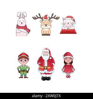 Sammlung von Weihnachtsfiguren Vektorvorlage, Weihnachtsmann, Elf, Rentier, Katze, Kaninchen, Kind Stock Vektor