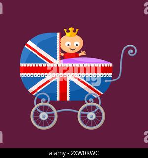 Englisches königliches Baby im Kinderwagen mit britischer Flagge. Stock Vektor