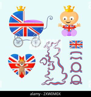 Set mit englischem Royal Baby, Kinderwagen, Teddybär, Herz, Karte, Flagge und Bänder in den Farben des Vereinigten Königreichs. Stock Vektor