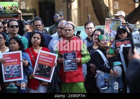 Sydney, Australien. August 2024. Die australische Föderation für ethnische und religiöse Minderheiten in Bangladesch (AFERMB) protestiert in der George Street neben dem Rathaus von Sydney, um die Gräueltaten gegen Hindus, Buddhisten und Christen in Bangladesch zu stoppen. Richard Milnes/Alamy Live News Stockfoto