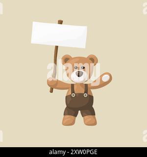 Teddybär mit schwarzer Hose und weißem Schild. Stock Vektor