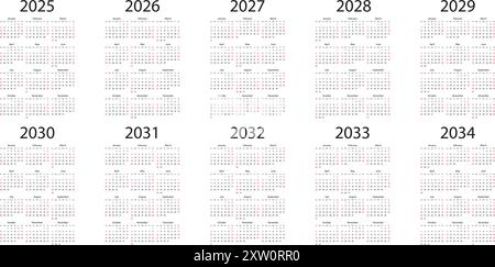 Kalenderraster von 2025 bis 2034 Symbol in flacher Ausführung. Planer-Vektorillustration auf isoliertem Hintergrund. Geschäftskonzept für Kalenderzeichen. Stock Vektor