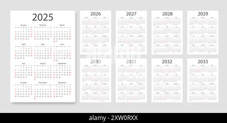 Kalenderraster von 2025 bis 2033 Symbol in flacher Ausführung. Planer-Vektorillustration auf isoliertem Hintergrund. Geschäftskonzept für Kalenderzeichen. Stock Vektor