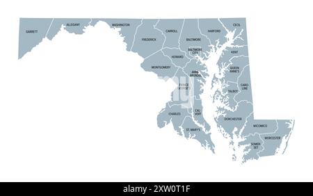 Maryland, US-Bundesstaat, graue politische Karte mit Grenzen und Bezirksnamen. Bundesstaat im Mittelatlantik der USA, unterteilt in 23 Countys. Stockfoto