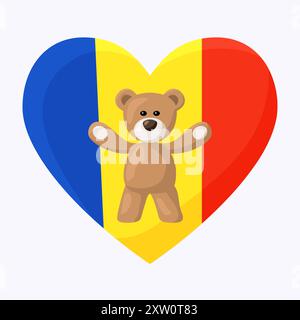 Teddybären mit Herz mit Flagge Rumäniens (auch einfache Flagge von Andorra und Tschad). Illustration eines Reiseerinnerungen von einem Besuch des Landes. Stock Vektor