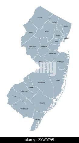 New Jersey, US-Bundesstaat, graue politische Karte mit Grenzen und Bezirksnamen. Bundesstaat im Mittelatlantik und Nordosten der Vereinigten Staaten. Stockfoto