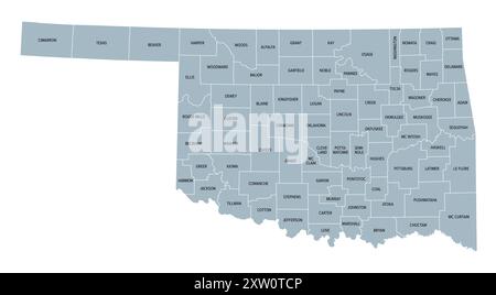 Oklahoma, US-Bundesstaat, graue politische Karte mit Grenzen und Bezirksnamen. Bundesstaat in der südlichen Zentralregion der USA, unterteilt in 77 Countys. Stockfoto