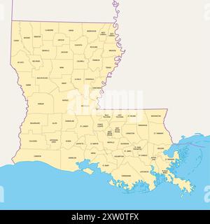 Louisiana, US-Bundesstaat, politische Karte mit Grenzen und Namen von Gemeinden. Bundesstaat in den Regionen Deep South und South Central der Vereinigten Staaten. Stockfoto