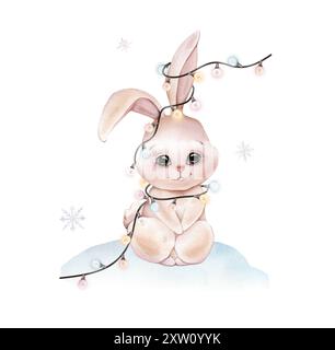 Aquarellfarben süßer Winterhase Neujahrsgirlande. Zeichnung eines Hasen auf dem Schnee mit fallenden Schneeflocken in pastellrosa Farben. Handgezeichnete Abbildung Stockfoto