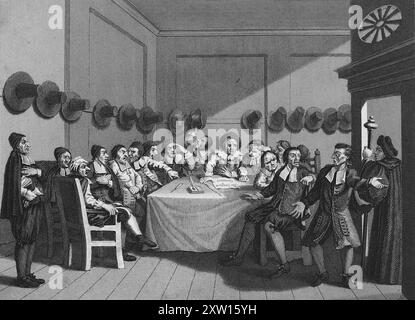 Stich nach William Hogarth (1697–1764) aus seiner Serie Hudibras, einem Gedicht von Samuel Bulter (1613–1680), die die Cromwellians and Presbyterian Church satirisiert. Platte IX; "der Ausschuss". Stockfoto