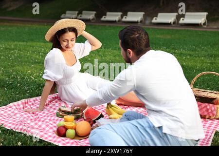 Nettes Paar, das draußen auf grünem Gras picknickt Stockfoto