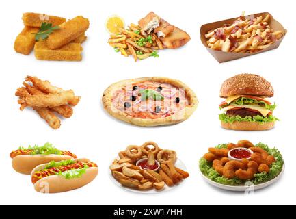 Collage mit verschiedenen leckeren Fast Food auf weißem Hintergrund Stockfoto