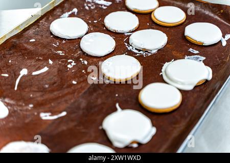 Plätzchen mit weißer Glasur auf einem Backblech. Herstellung von Keksen. Mini-Bäckerei oder industrielle Produktionslinie für Mehlprodukte. Hochwertige Fotos Stockfoto