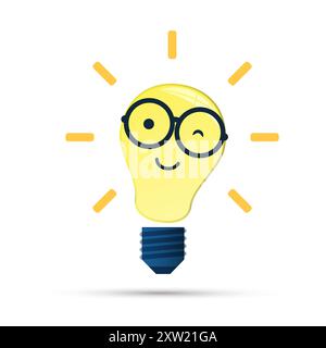 Intelligente Idee - Design-Konzept mit leuchtend hell lächelndem Nerd gelbe Glühbirne Emoji, das runde Brillen trägt - Vektor-Design isoliert auf weißem Hintergrund Stock Vektor