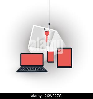 Internet-Phishing, Account-Hacking-Versuch durch böswillige E-Mails – Hacker-Aktivität, Datendiebstahl, gehackt, gestohlene Anmeldedaten und Passwort, Cyber CRIM Stock Vektor