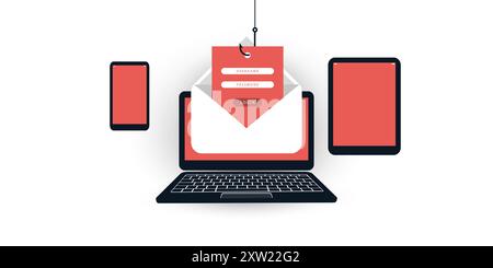 Internet-Phishing, Account-Hacking-Versuch durch böswillige E-Mails – Hacker-Aktivität, Datendiebstahl, gehackt, gestohlene Anmeldedaten und Passwort, Cyber CRIM Stock Vektor