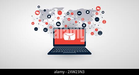 Sicherheitsanfälligkeit Im Globalen Netzwerk – Virus, Malware, Ransomware, Betrug, Spam, Phishing, E-Mail-Betrug, Hackerangriff – Design des IT-Sicherheitskonzepts, Vektorillus Stock Vektor