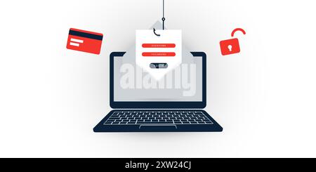 Internet-Phishing, Account-Hacking-Versuch – Hacker-Aktivität, Datendiebstahl, gehackt, gestohlene Anmeldeinformationen und Passwort, Kreditkarteninformationen – Cyb Stock Vektor