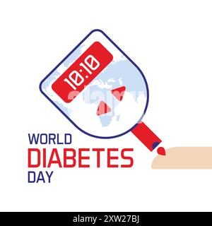 Weltdiabetestag Poster mit Blutzuckermessgerät, Bluttropfen, Blutspende Stock Vektor