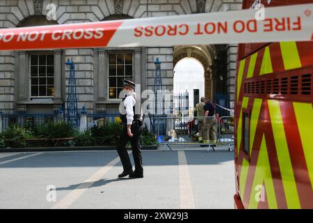 Somerset House, London, Großbritannien. August 2024. Feuerwehrmannschaften nehmen an einem Brand im Somerset House in London Teil. Quelle: Matthew Chattle/Alamy Live News Stockfoto