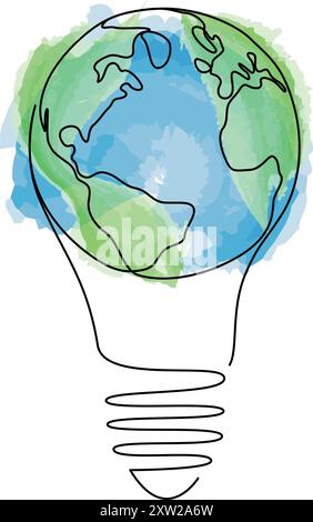 Erdkugel in der Glühbirne eine durchgehende Linienzeichnung. Öko-Innovation oder umweltfreundliches Energiekonzept im einfachen Doodle-Stil. Vektordarstellung mit Stock Vektor