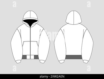 Kapuze Sweatjacke Mockup Vorlage Reißverschluss Sweatshirt Technische Mode Illustration Vektor Sweatshirt Mockup Vorlage Kapuze Sweatshirt vorne und hinten Stock Vektor