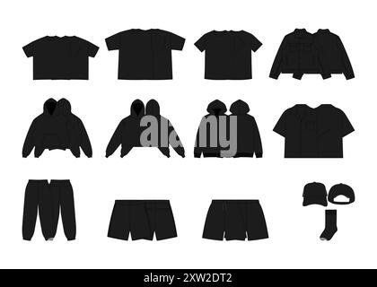 Schwarze Kleidung Mock Up Vorlage Bekleidung Mock-ups Design Bundle leeres T-Shirt Design Hut Hoody Shorts Denim Jacke Sweatshirt Hoodie Design Vorlage Fa Stock Vektor