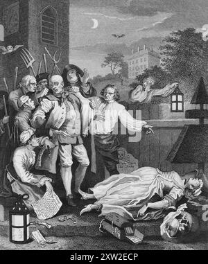 Stich nach William Hogarth (1697–1764) aus seiner Serie „die vier Stufen der Grausamkeit“, die erstmals 1751 veröffentlicht wurde. Diese Serie zeigt die Phasen des Lebens des fiktiven Charakters Tom Nero. Stockfoto