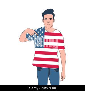 Illustration eines Mannes in usa-Flaggen-T-Shirts, 4. Juli Unabhängigkeitstag Stock Vektor