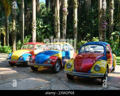 BRUMADINHO, BRASILIEN - 4. Mai 2024: Farbige Autos von Troca-Troca von Jarbas Lopes im Inhotim Public Contemporary Art Museum - Brumadinho, Minas Gerais, br Stockfoto