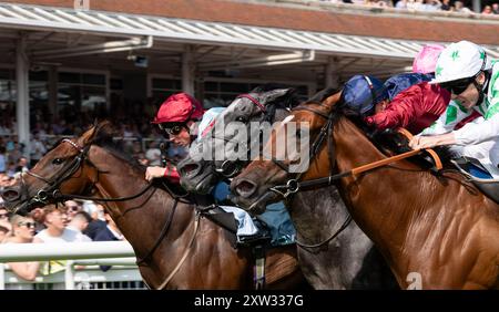 Newbury, Berkshire, Tiber Flow und Jockey Tom Marquand gewinnen 2024 die Gruppe 2 BetVictor Hungerford Stakes für Trainer William Haggas und die Besitzer Jon und Julia Aisbitt. Credit JTW equine Images / Alamy Live News. Stockfoto