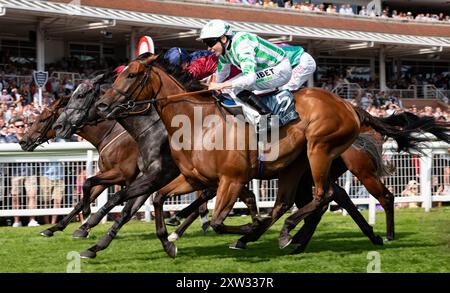 Newbury, Berkshire, Tiber Flow und Jockey Tom Marquand gewinnen 2024 die Gruppe 2 BetVictor Hungerford Stakes für Trainer William Haggas und die Besitzer Jon und Julia Aisbitt. Credit JTW equine Images / Alamy Live News. Stockfoto