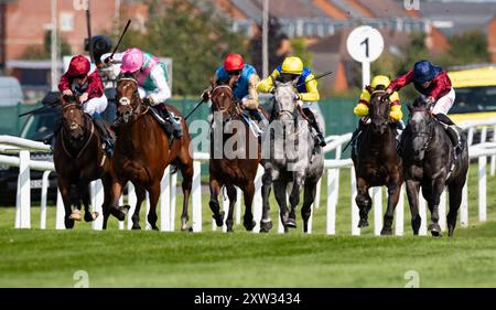 Newbury, Berkshire, Tiber Flow und Jockey Tom Marquand gewinnen 2024 die Gruppe 2 BetVictor Hungerford Stakes für Trainer William Haggas und die Besitzer Jon und Julia Aisbitt. Credit JTW equine Images / Alamy Live News. Stockfoto