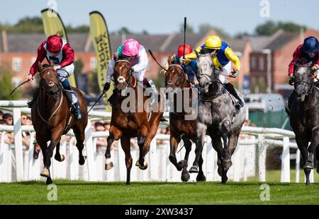 Newbury, Berkshire, Tiber Flow und Jockey Tom Marquand gewinnen 2024 die Gruppe 2 BetVictor Hungerford Stakes für Trainer William Haggas und die Besitzer Jon und Julia Aisbitt. Credit JTW equine Images / Alamy Live News. Stockfoto