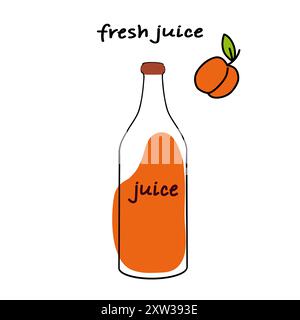 Frischer Pfirsichsaft in einer Glasflasche mit einer pfirsichfarbenen Illustration in der Nähe Stock Vektor