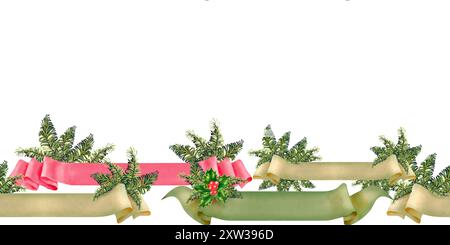 Nahtloser Rand des Weihnachtspapierblatts mit grünen Tannenzweigen. Botanische Illustration mit Aquarell isoliert auf weißem Hintergrund. Vintage-Rolle Stockfoto