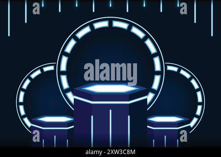 Futuristische Gaming-Podium-Bühne, Blaue Neonlichter, abstrakter Hintergrund, Sockel Stock Vektor