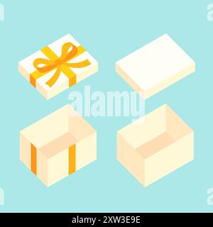 Weiße offene Schachtel für Geschenke mit goldener Schleife. Variante mit weihnachtlichem und flachem Design. Stock Vektor