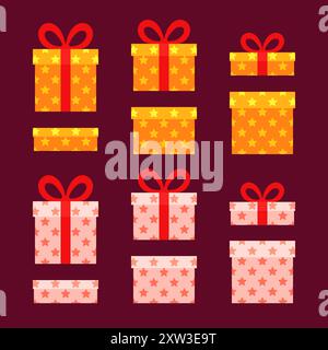 Weihnachtsschachteln für Geschenke mit Sternen. Geschenke in Gold und weiß. Flaches Design. Stock Vektor