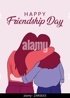 Happy Friendship Day Banner, zwei Freunde umarmen, handgezeichnet Stock Vektor