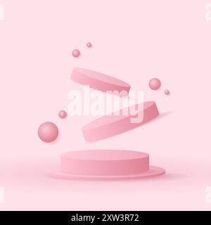 Drei rosafarbene Podeste mit schwimmenden Kugeln Stock Vektor