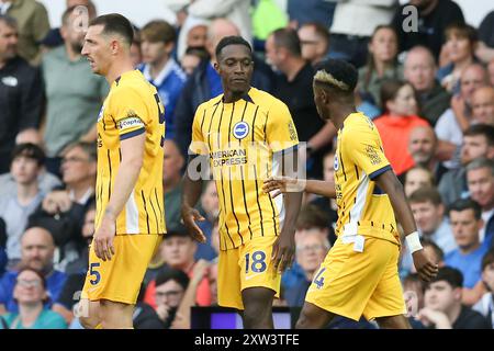 Liverpool, Großbritannien. August 2024. Danny Welbeck von Brighton & Hove Albion (c) feiert mit seinen Teamkollegen, nachdem er seinem Team das 2. Tor geschossen hat. Premier League Spiel Everton gegen Brighton & Hove Albion im Goodison Park in Liverpool am Samstag, den 17. August 2024. Dieses Bild darf nur für redaktionelle Zwecke verwendet werden. Nur redaktionelle Verwendung, Bild von Chris Stading/Andrew Orchard Sportfotografie/Alamy Live News Credit: Andrew Orchard Sportfotografie/Alamy Live News Stockfoto