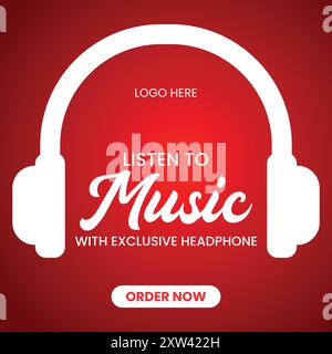 Werbebanner für kreative Kopfhörer mit auffälligem rotem Hintergrund Stock Vektor